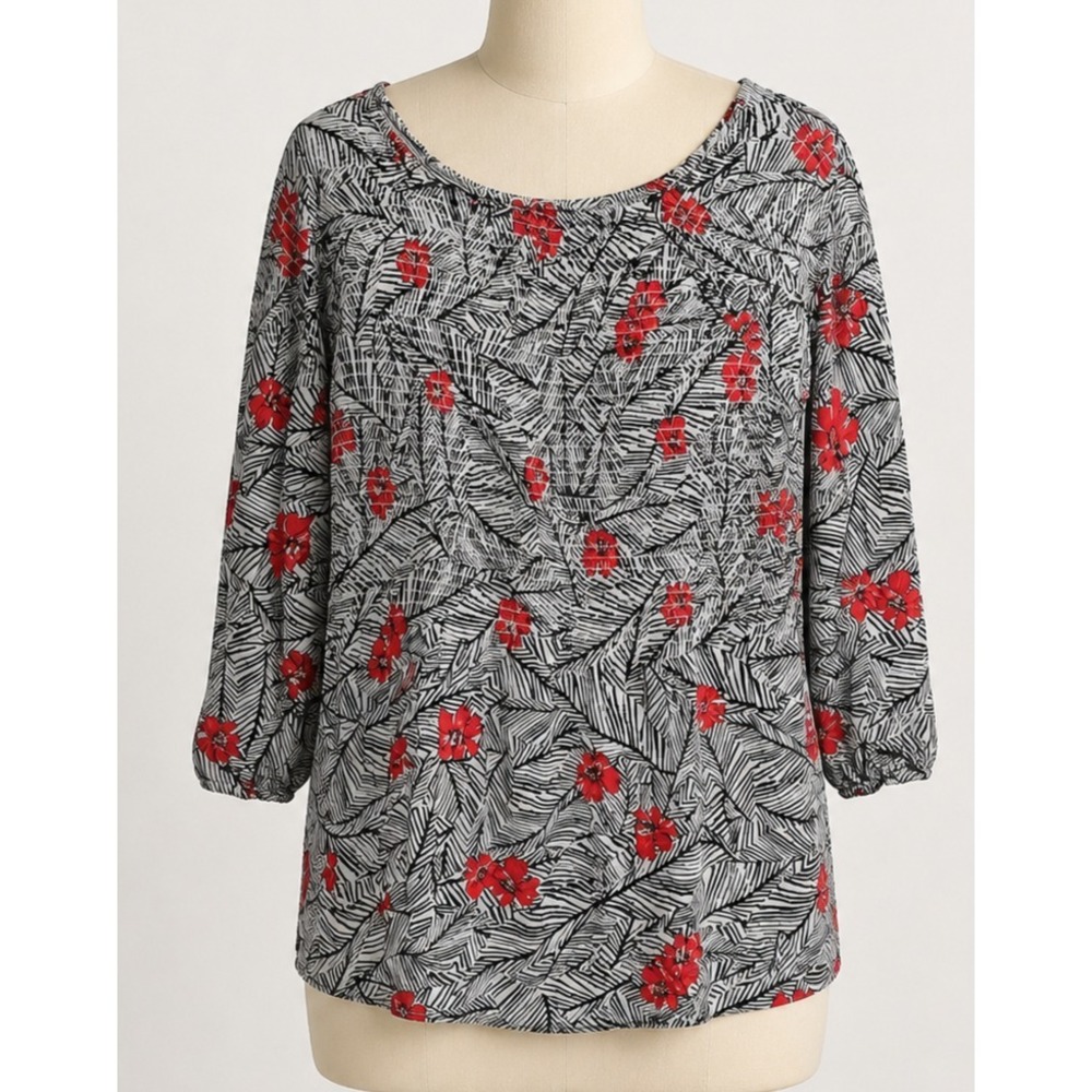 J. Jill Smocked Babydoll Tunic Top Womens Large Tall Red Floral BOHO Cottage